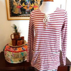 Tommy Hilfiger Dual Pocket Pullover Stripe Tunic Top Red Blue Long Sleeve Sz S P
